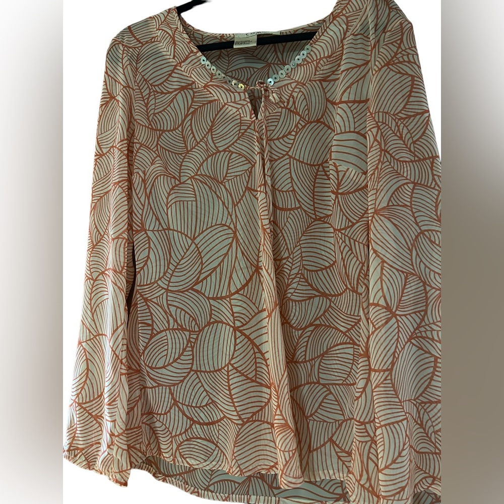 Como Size XL Sheer Cream and Orange Long Sleeve Top Blouse, Geometric shape